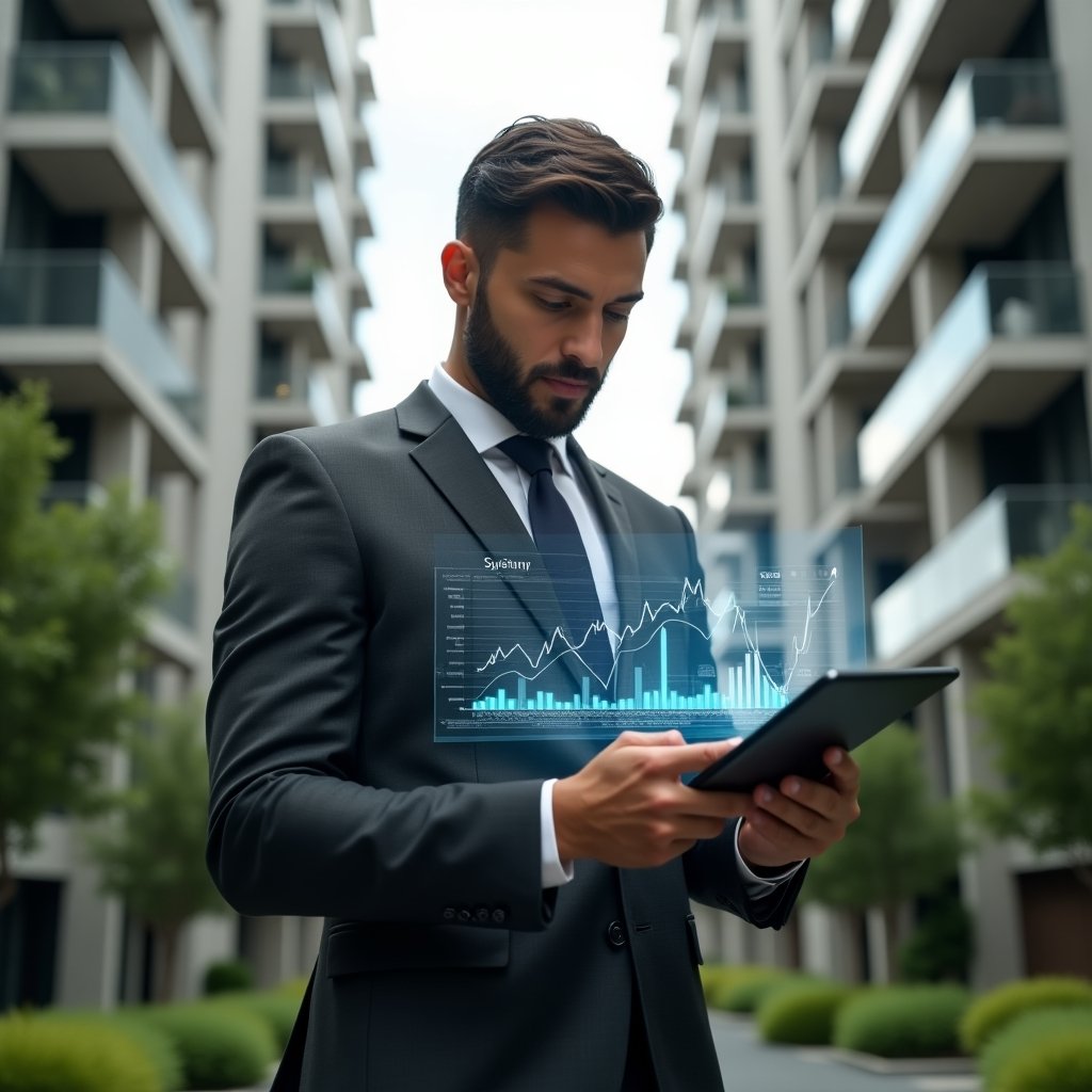 Ultra-realistic condominium manager in a charcoal gray tailored suit, set in a modern luxury condominium environment with high-rise buildings and lush green landscaping, analyzing financial reports on a tablet with floating holographic charts and a glowing condo management app interface overlay, confident and focused expression, cinematic lighting, shallow depth of field, highly detailed textures, realistic skin, photographic realism, 8k resolution --ar 1:1 --v 6