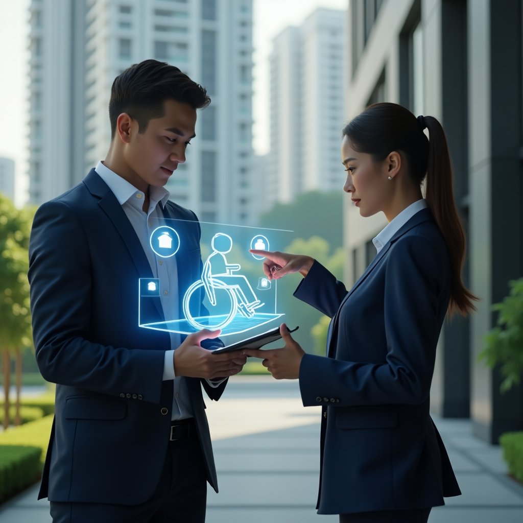 (Ultra-realistic female condominium manager in a tailored navy blue suit, set in a modern luxury condominium environment with high-rise buildings and manicured green landscaping, examining and pointing to a wheelchair ramp prototype hologram projected from a tablet in her hand, floating accessibility icons and elevator button holograms around, cinematic lighting, shallow depth of field, highly detailed textures, realistic skin, photographic realism, 8k resolution --ar 1:1 --v 6)