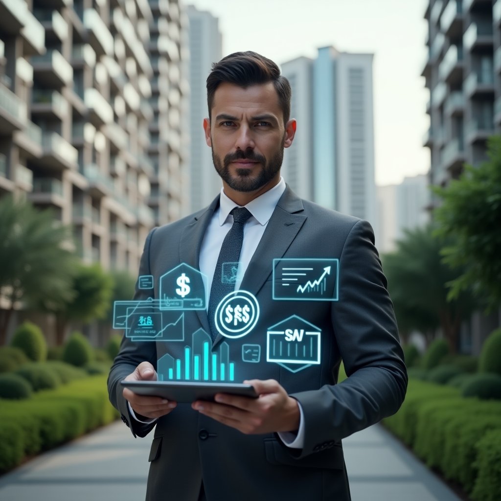 Ultra-realistic condominium manager in a charcoal gray suit, set in a modern luxury condominium environment with high-rise buildings and lush green landscaping, mid-shot of a confident professional holding a tablet displaying holographic financial charts and overdue payment icons, surrounded by floating currency symbols and upward-trend graphs symbolizing recovery strategies, cinematic lighting, shallow depth of field, highly detailed textures, realistic skin, photographic realism, 8k resolution --ar 1:1 --v 6