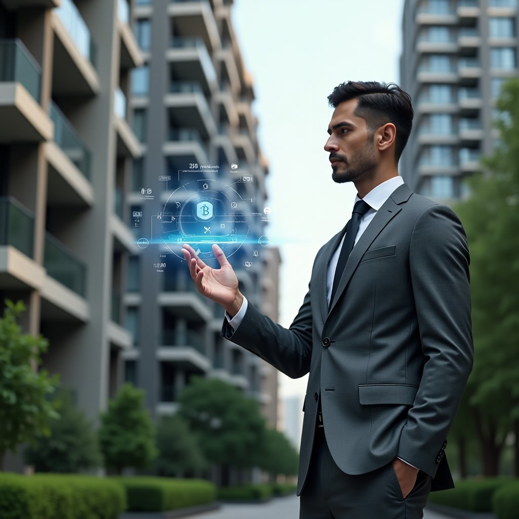 Ultra-realistic condominium manager in a charcoal gray tailored suit, set in a modern luxury condominium environment with high-rise buildings and manicured green landscaping, mid shot, confidently interacting with a floating holographic interface displaying AI algorithms, IoT sensor data and blockchain icons, cinematic lighting, shallow depth of field, highly detailed textures, realistic skin, photographic realism, 8k resolution --ar 1:1 --v 6