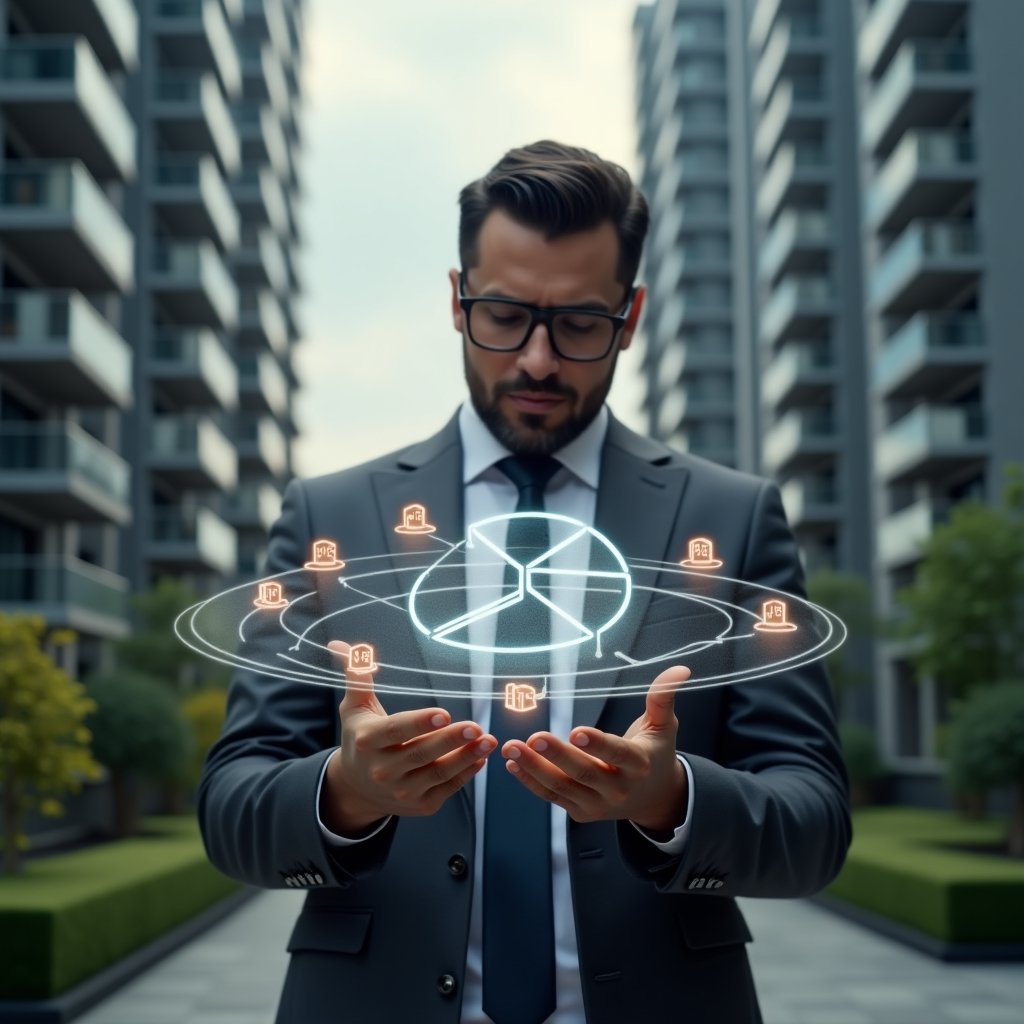 Ultra-realistic condominium manager in a charcoal gray tailored suit, set in a modern luxury condominium environment with high-rise towers and manicured gardens, medium shot of a confident manager examining a floating holographic pie chart divided into fractional segments overlayed on a blueprint, glowing numerical percentages and property icons orbiting around, cinematic lighting, shallow depth of field, highly detailed textures, realistic skin, photographic realism, 8k resolution --ar 1:1 --v 6