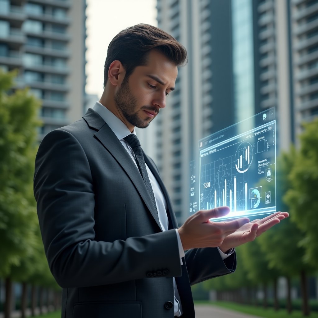Ultra-realistic property manager in a charcoal tailored suit, set in a modern luxury condominium environment with high-rise buildings and lush green landscaping, thoughtfully interacting with a floating holographic condominium management dashboard and app icons, revealing hidden data streams symbolizing secret insights, confident expression, cinematic lighting, shallow depth of field, highly detailed textures, realistic skin, photographic realism, 8k resolution --ar 1:1 --v 6