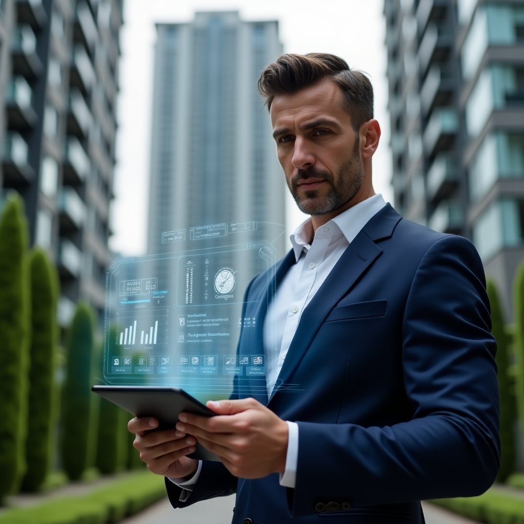 (Ultra-realistic condominium property manager in a tailored navy blue suit and crisp white shirt, set in a modern luxury condominium environment with high-rise buildings and manicured green landscaping, holding a tablet projecting holographic financial graphs and maintenance schedule icons as he reviews cost-reduction strategies, confident and focused expression, cinematic lighting, shallow depth of field, highly detailed textures, realistic skin, photographic realism, 8k resolution --ar 1:1 --v 6)