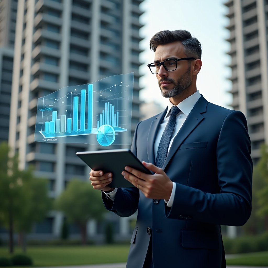 (Ultra-realistic condominium manager in a navy blue suit, set in a modern luxury condominium environment with high-rise buildings and green landscaping, confidently reviewing financial statements on a tablet while holographic bar graphs and pie charts float around, cinematic lighting, shallow depth of field, highly detailed textures, realistic skin, photographic realism, 8k resolution --ar 1:1 --v 6)