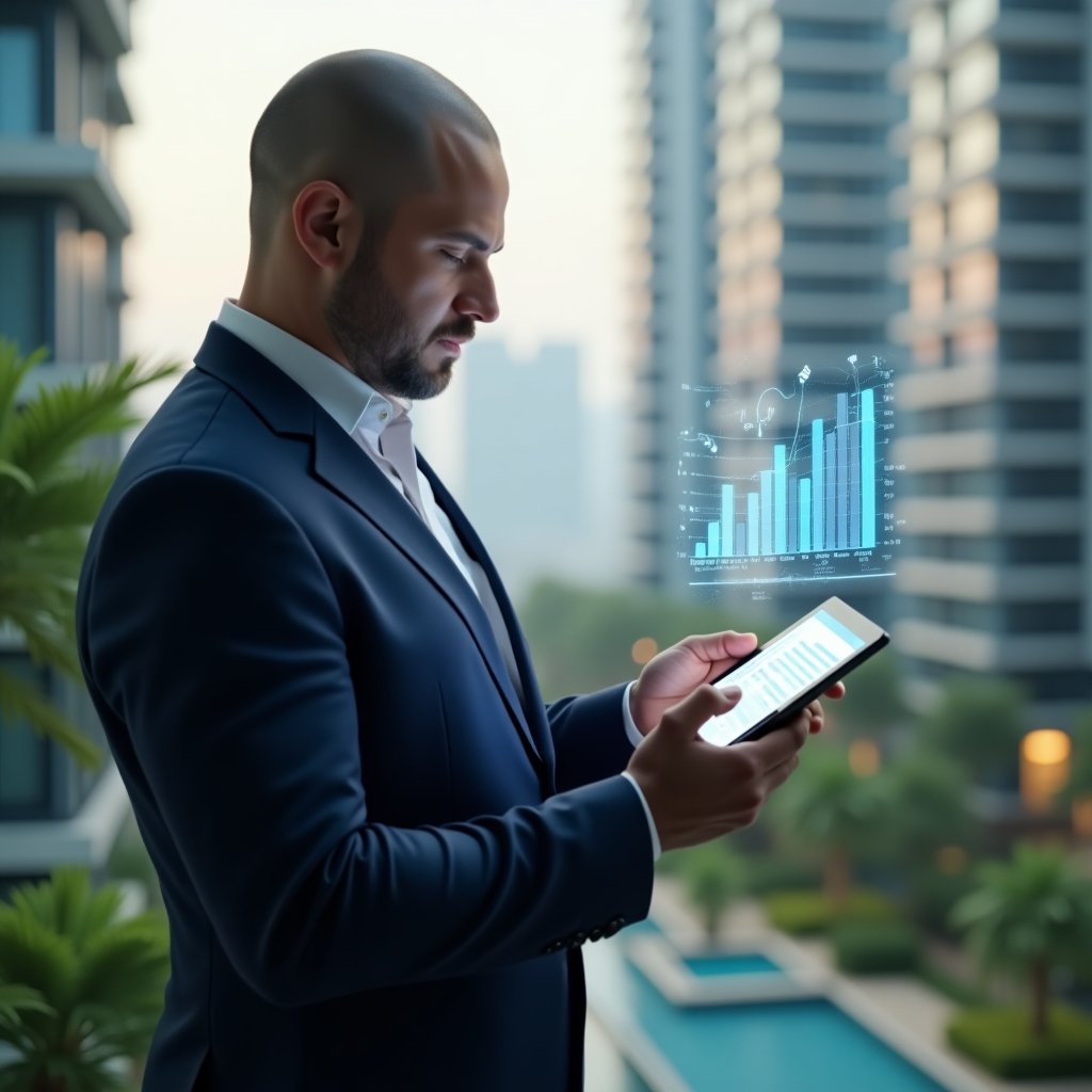 Ultra-realistic condominium manager in a tailored navy business suit, set in a modern luxury condominium environment with high-rise buildings and green landscaping, mid shot of the manager confidently reviewing a digital tablet with floating holographic financial charts and icons representing budget reports, cinematic lighting, shallow depth of field, highly detailed textures, realistic skin, photographic realism, 8k resolution --ar 1:1 --v 6