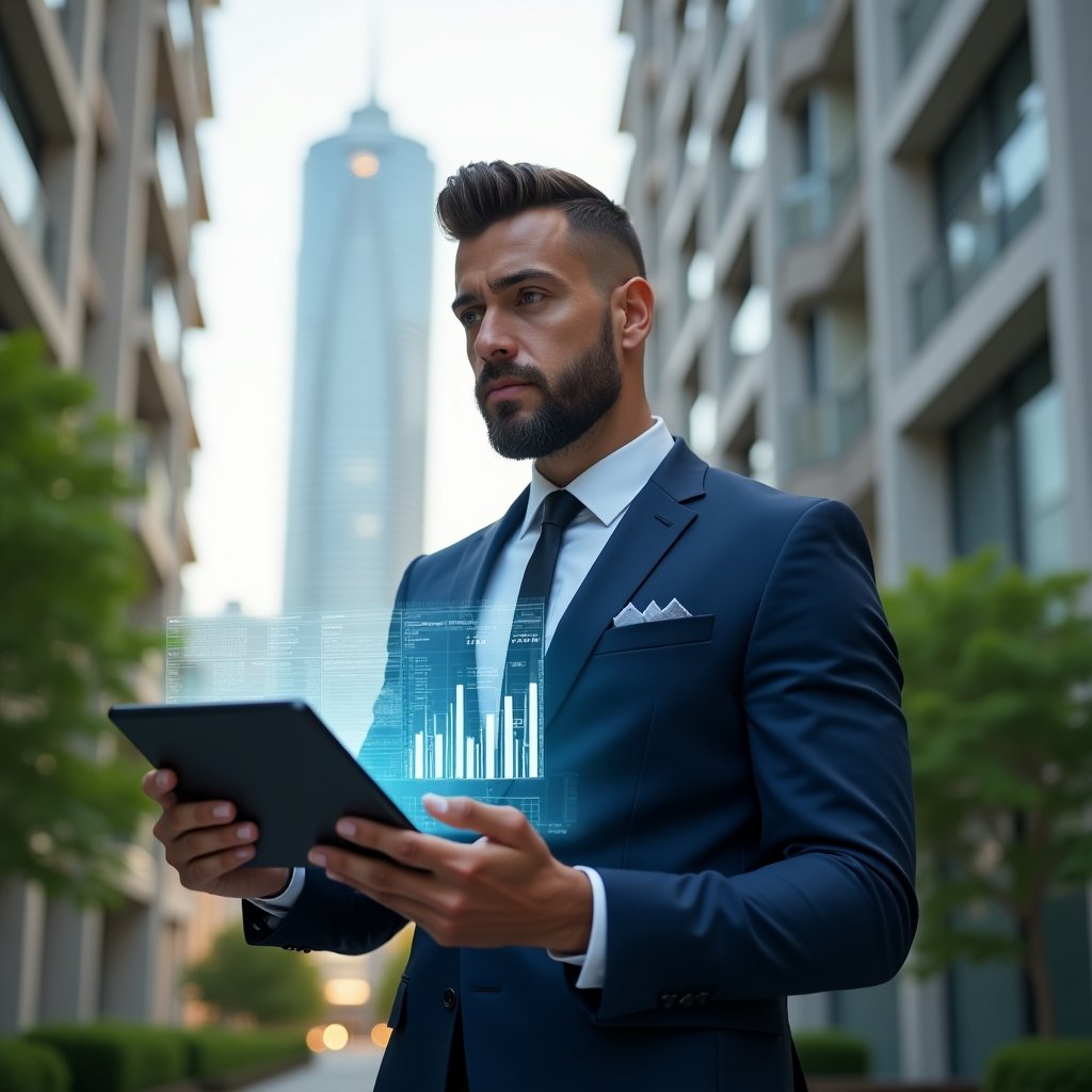 Ultra-realistic condominium manager in a navy blue tailored suit, set in a modern luxury condominium environment with high-rise buildings and green landscaping, holding a digital tablet displaying floating holographic financial charts representing clear transparent accounting, analyzing data with a confident, trustworthy expression, cinematic lighting, shallow depth of field, highly detailed textures, realistic skin, photographic realism, 8k resolution --ar 1:1 --v 6