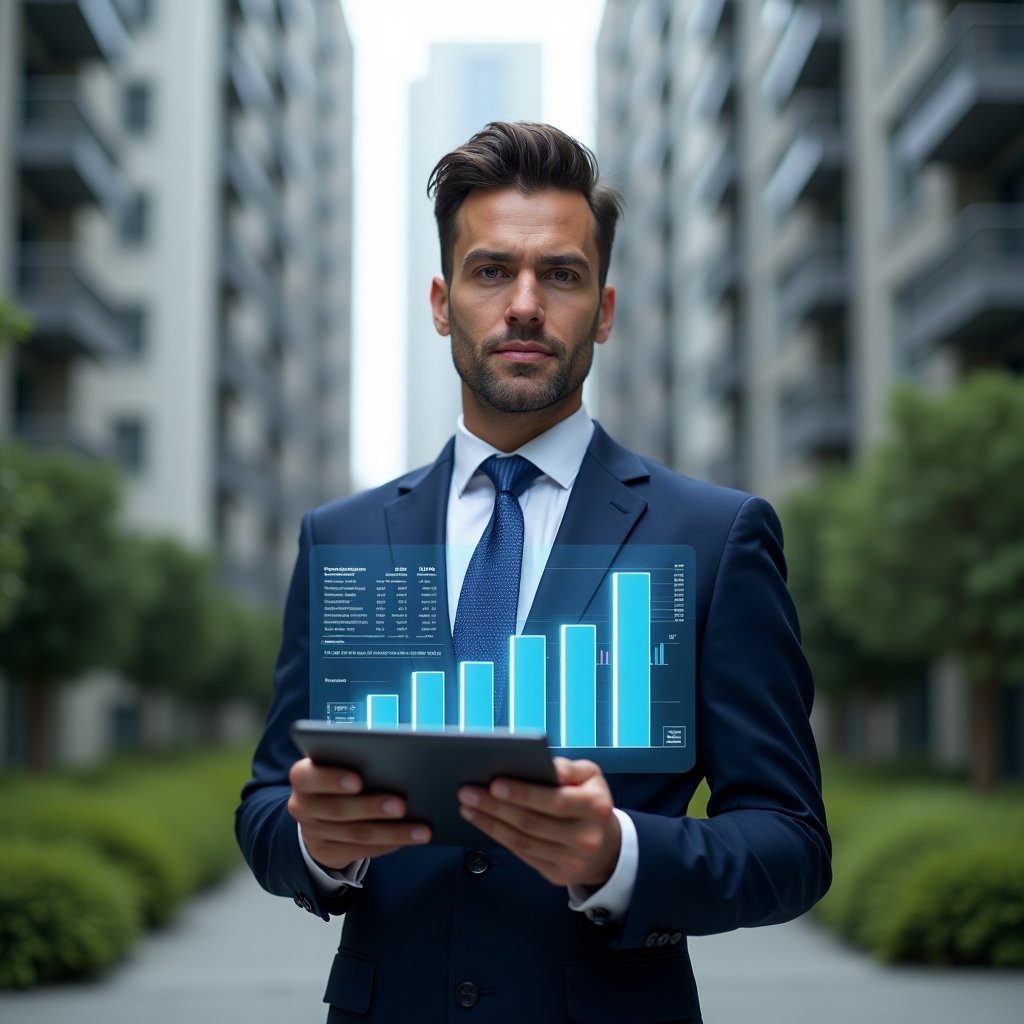 Ultra-realistic condo manager in a navy blue tailored suit, set in a modern luxury condominium environment with high-rise buildings and lush green landscaping, holding a tablet and interacting with holographic financial charts and graphs symbolizing transparent accounting, confident and focused expression, cinematic lighting, shallow depth of field, highly detailed textures, realistic skin, photographic realism, 8k resolution --ar 1:1 --v 6