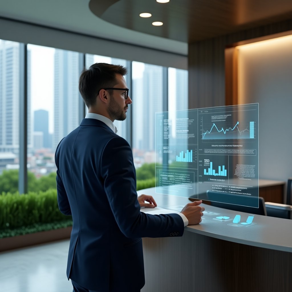 (Ultra-realistic condominium manager in a navy business suit, set in a modern luxury condominium environment with high-rise buildings and manicured green landscaping, standing at a sleek reception desk reviewing a holographic financial report with floating charts and graphs, confident and focused expression, cinematic lighting, shallow depth of field, highly detailed textures, realistic skin, photographic realism, 8k resolution --ar 1:1 --v 6)
