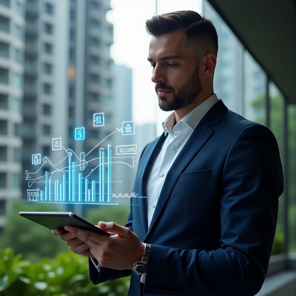Ultra-realistic condominium property manager in a navy tailored suit, set in a modern luxury condominium environment with high-rise buildings and lush green landscaping, examining a floating holographic financial dashboard projected from a sleek digital tablet, displaying transparent graphs and trust icons, cinematic lighting, shallow depth of field, highly detailed textures, realistic skin, photographic realism, 8k resolution --ar 1:1 --v 6