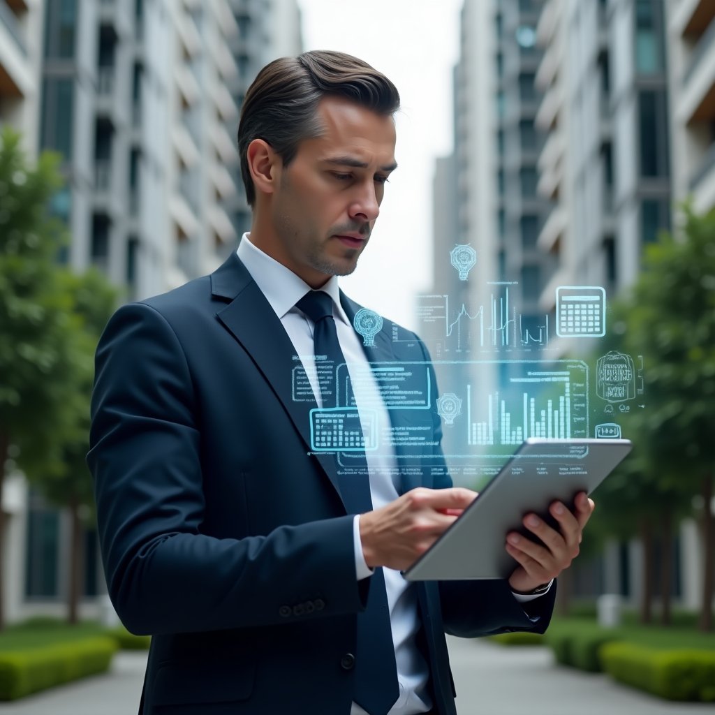 (Ultra-realistic property manager in a navy blue suit, set in a modern luxury condominium environment with high-rise buildings and manicured green landscaping, medium shot holding a tablet displaying holographic financial charts and transparent accounting reports, surrounded by floating ledger icons and bar graphs, confident and focused expression, cinematic lighting, shallow depth of field, highly detailed textures, realistic skin, photographic realism, 8k resolution --ar 1:1 --v 6)