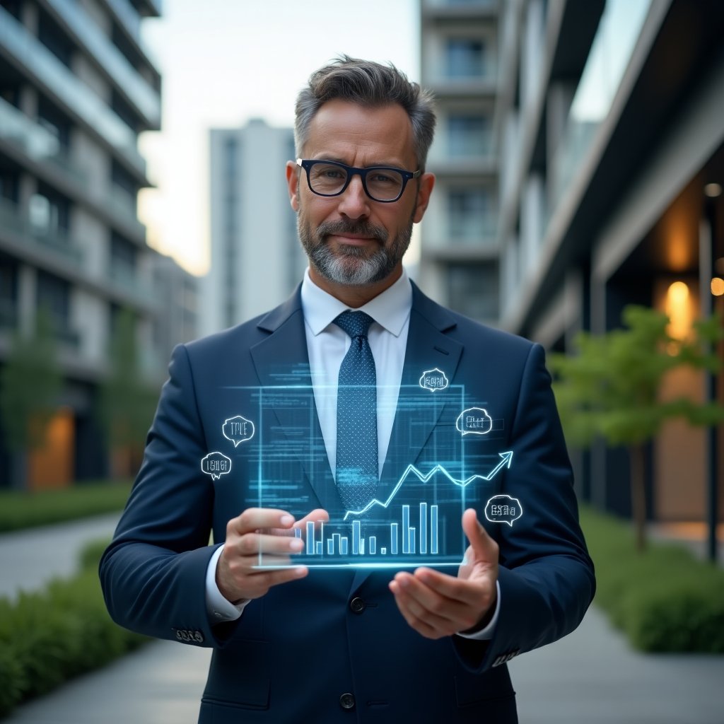 Ultra-realistic condominium manager in a navy blue suit, set in a modern luxury condominium environment with high-rise buildings and green landscaping, confidently analyzing a holographic financial report, floating transparent charts and graphs representing budget transparency, cinematic lighting, shallow depth of field, highly detailed textures, realistic skin, photographic realism, 8k resolution --ar 1:1 --v 6