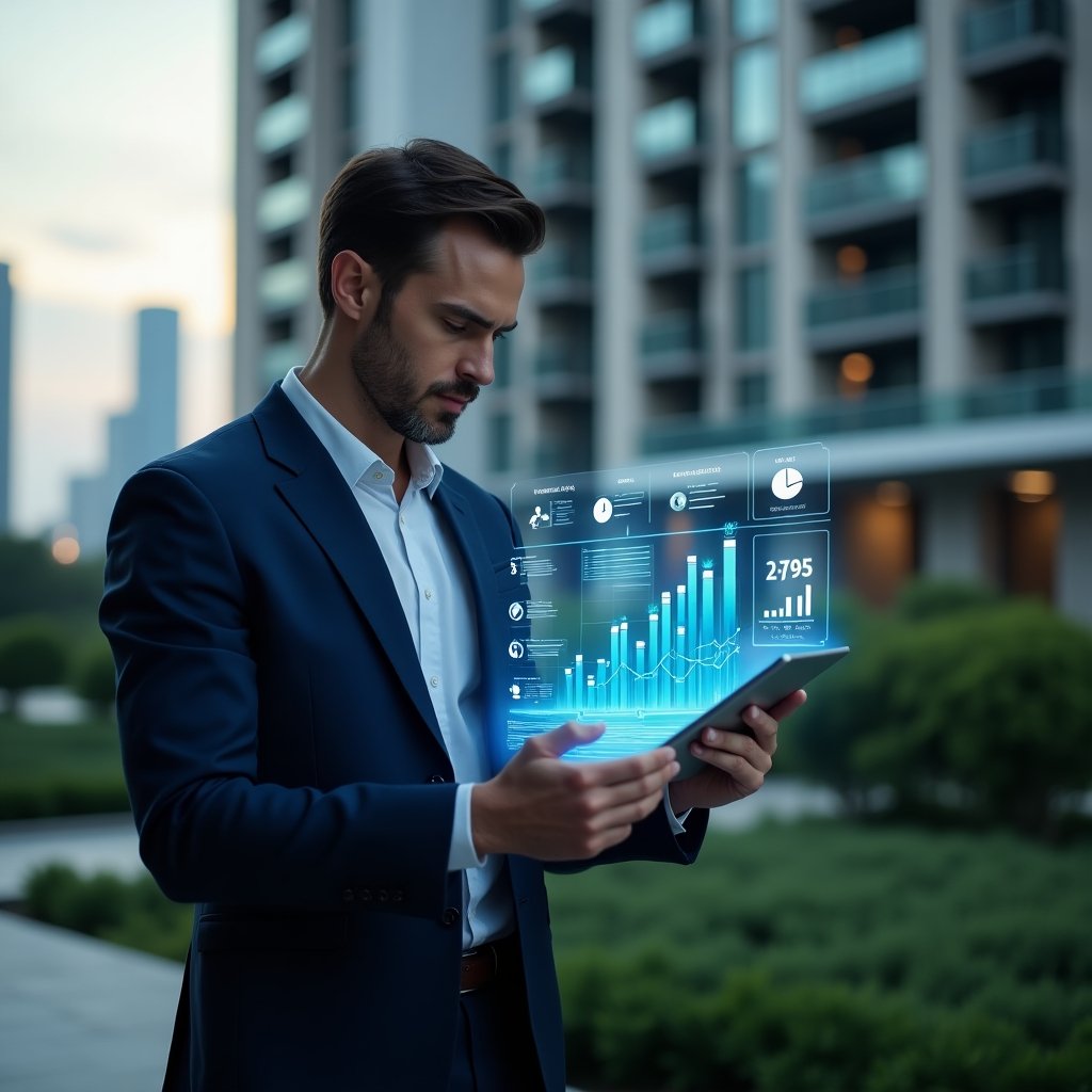 Ultra-realistic condominium manager in a dark blue suit, set in a modern luxury condominium environment with high-rise buildings and green landscaping, mid shot of a confident property manager examining a transparent holographic financial report with interactive charts and icons representing clear accounting, cinematic lighting, shallow depth of field, highly detailed textures, realistic skin, photographic realism, 8k resolution --ar 1:1 --v 6