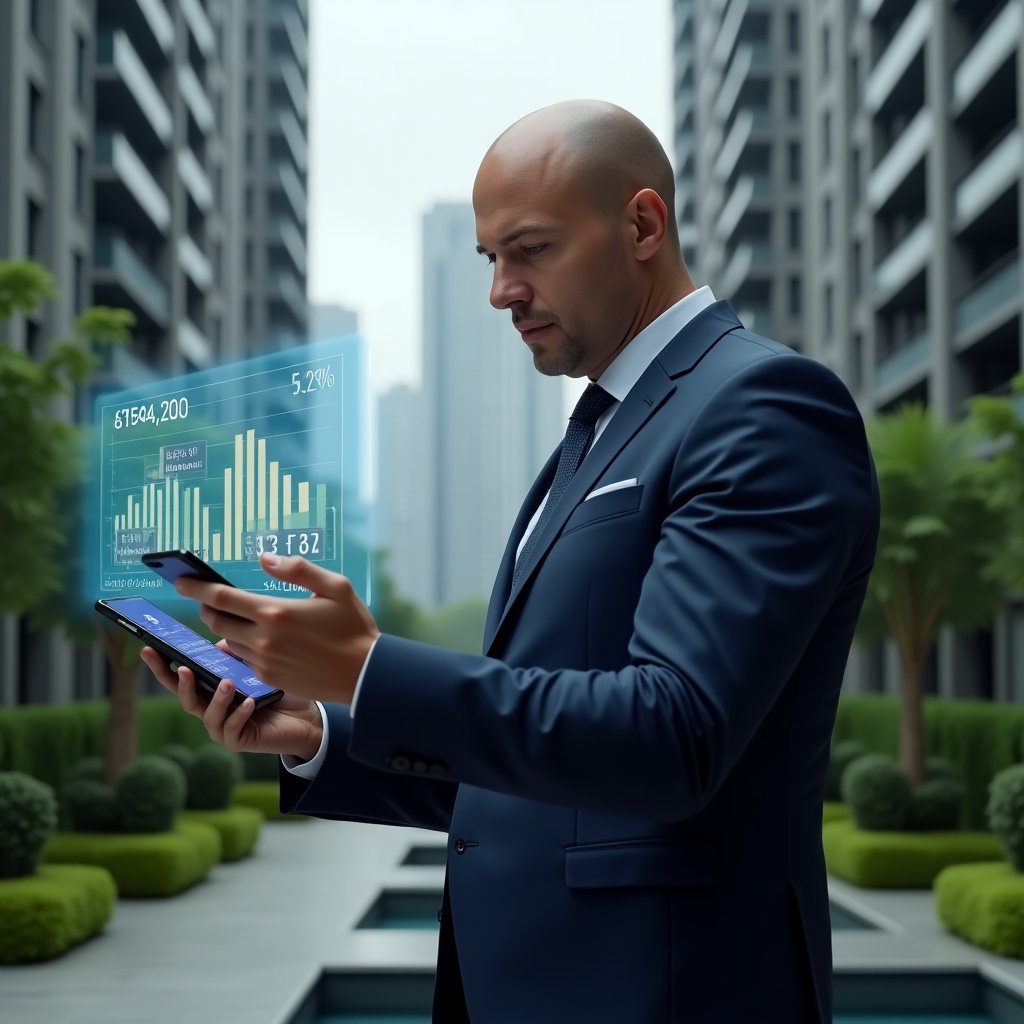 Ultra-realistic male condominium manager in a tailored dark blue suit, set in a modern luxury condominium environment with high-rise buildings and lush green landscaping, confidently reviewing a floating holographic financial dashboard with transparent charts and holding a smartphone displaying a clear accounting app interface, cinematic lighting, shallow depth of field, highly detailed textures, realistic skin, photographic realism, 8k resolution --ar 1:1 --v 6
