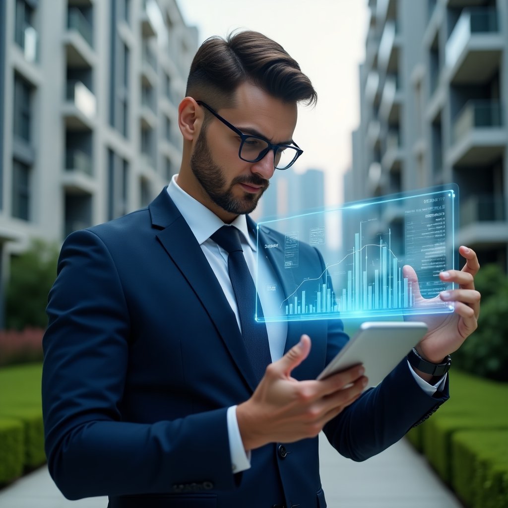 (Ultra-realistic condominium manager in a navy blue business suit, set in a modern luxury condominium environment with high-rise buildings and manicured green landscaping, reviewing a holographic transparent financial report projected from a digital tablet with floating charts, confident and focused expression, cinematic lighting, shallow depth of field, highly detailed textures, realistic skin, photographic realism, 8k resolution --ar 1:1 --v 6)