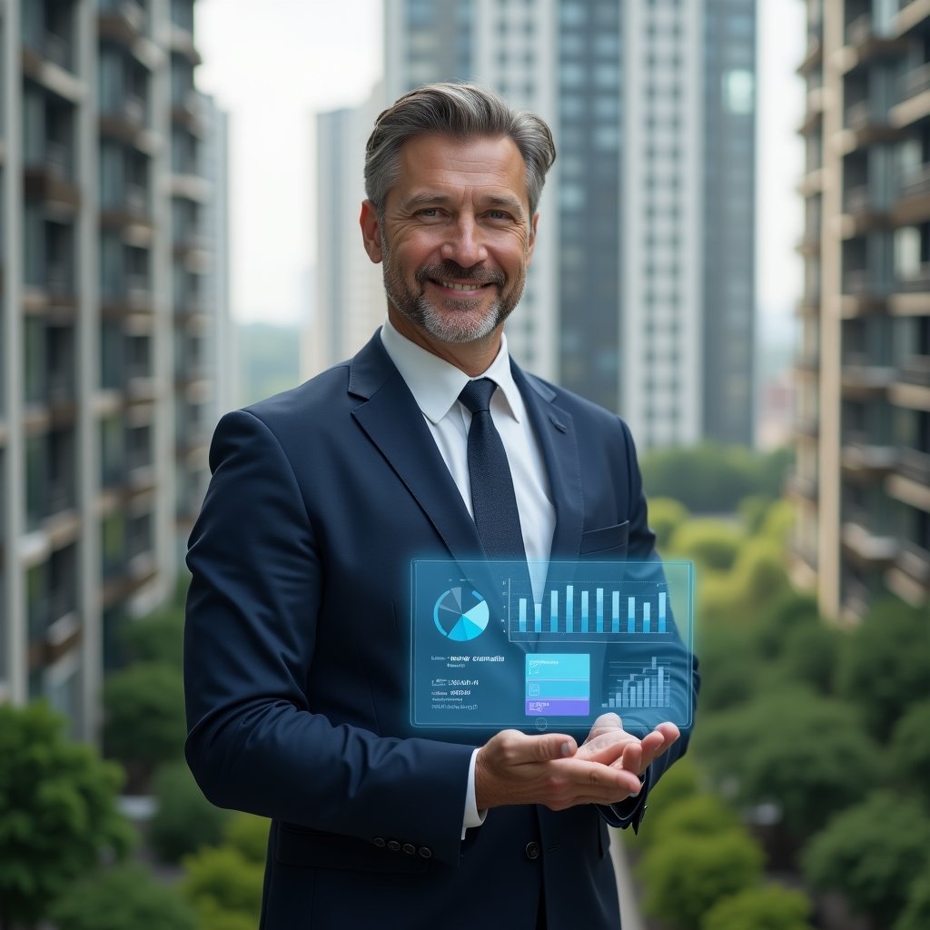 (Ultra-realistic condominium manager in a tailored navy suit, set in a modern luxury condominium environment with high-rise buildings and lush green landscaping, holding a holographic transparent financial dashboard displaying pie charts and bar graphs symbolizing clear accounting, confident and approachable expression, cinematic lighting, shallow depth of field, highly detailed textures, realistic skin, photographic realism, 8k resolution --ar 1:1 --v 6)