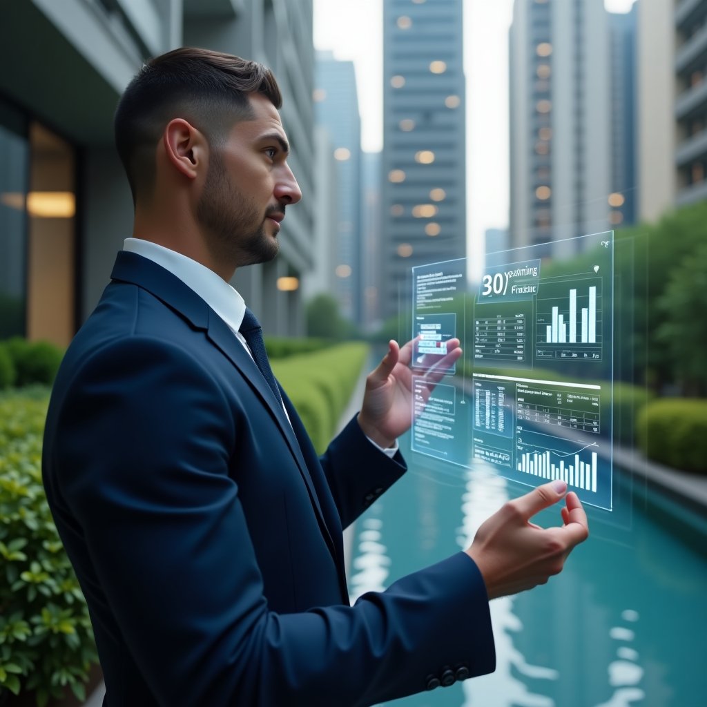 Ultra-realistic condominium manager in a navy blue tailored suit, set in a modern luxury condominium environment with high-rise buildings and green landscaping, inspecting a transparent holographic financial dashboard with floating charts and graphs symbolizing clear accounting, confident and thoughtful expression, cinematic lighting, shallow depth of field, highly detailed textures, realistic skin, photographic realism, 8k resolution --ar 1:1 --v 6