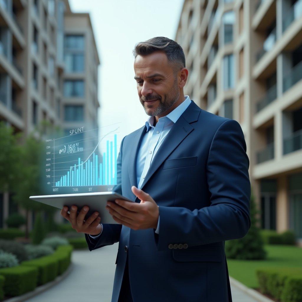 (Ultra-realistic condominium manager in a tailored navy blue suit, set in a modern luxury condominium environment with high-rise buildings and well-maintained green landscaping, mid-shot of a confident manager reviewing a floating transparent holographic accounting chart projected above a digital tablet, symbolizing financial transparency and trust, cinematic lighting, shallow depth of field, highly detailed textures, realistic skin, photographic realism, 8k resolution --ar 1:1 --v 6)