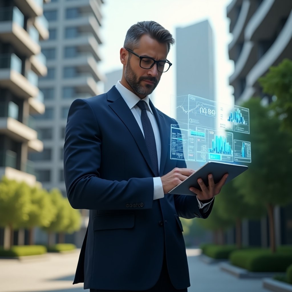 (Ultra-realistic condominium manager in a navy blue tailored suit, set in a modern luxury condominium environment with high-rise buildings and manicured greenery, holding a digital tablet displaying transparent financial charts and holographic icons, in a confident and focused pose, holographic spreadsheets floating around, cinematic lighting, shallow depth of field, highly detailed textures, realistic skin, photographic realism, 8k resolution --ar 1:1 --v 6)