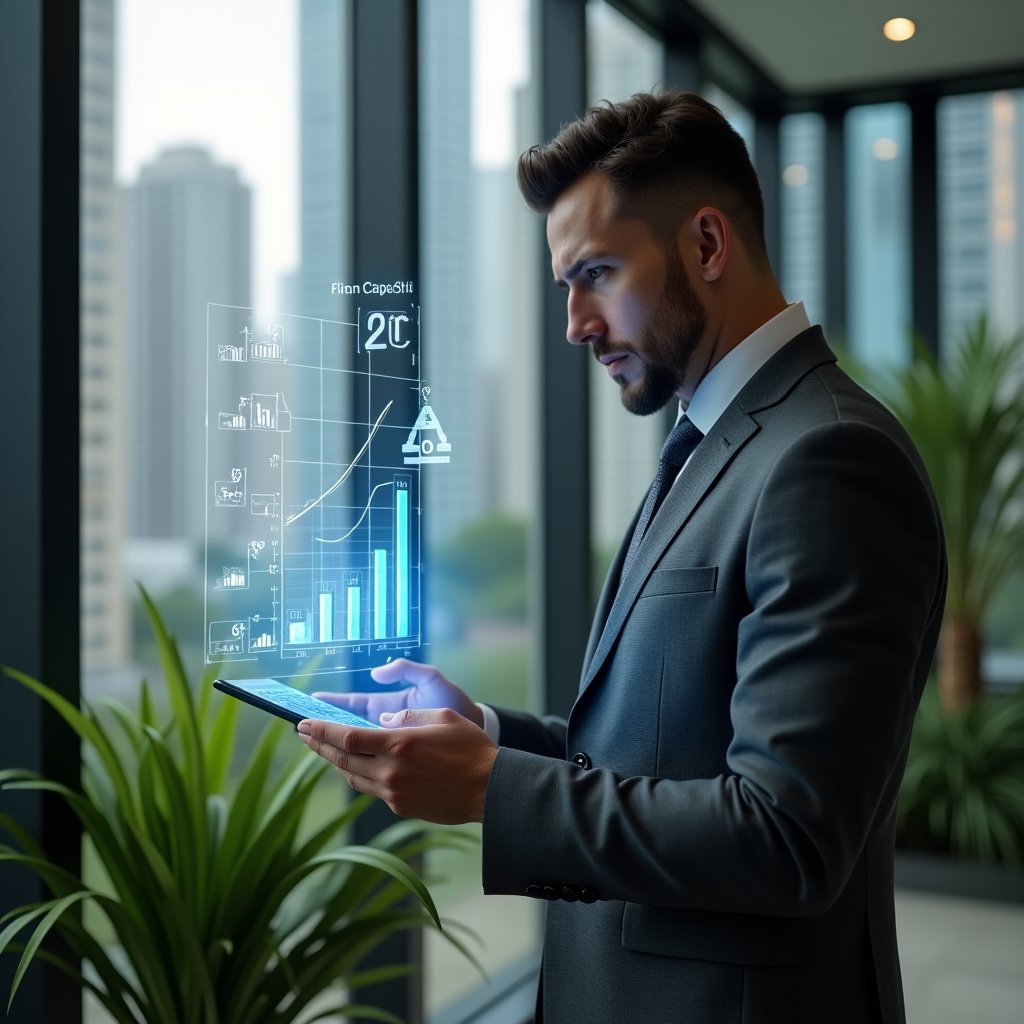 (Ultra-realistic condominium manager in a charcoal gray suit, set in a modern luxury condominium environment with high-rise buildings and lush green landscaping, confidently analyzing digital financial reports displayed as holographic graphs and a transparent app interface, floating icons of charts and currency symbols representing transparent accounting, cinematic lighting, shallow depth of field, highly detailed textures, realistic skin, photographic realism, 8k resolution --ar 1:1 --v 6)