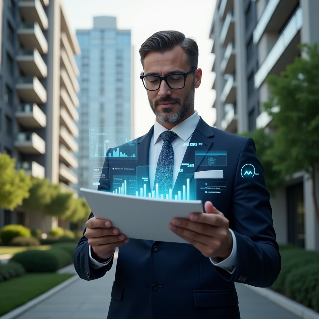 (Ultra-realistic condominium manager in a tailored navy executive suit, set in a modern luxury condominium environment with high-rise buildings and manicured green landscaping, holding a transparent digital ledger hologram while reviewing floating financial charts, conveying confidence and clarity, cinematic lighting, shallow depth of field, highly detailed textures, realistic skin, photographic realism, 8k resolution --ar 1:1 --v 6)