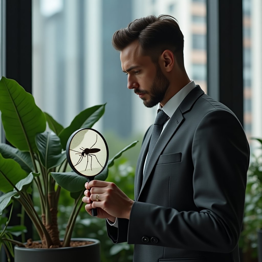 (Ultra-realistic condominium manager in a charcoal gray suit, set in a modern luxury condominium environment with high-rise buildings and lush greenery, confidently inspecting a potted plant with a magnifying glass revealing a holographic Aedes aegypti mosquito icon, cinematic lighting, shallow depth of field, highly detailed textures, realistic skin, photographic realism, 8k resolution --ar 1:1 --v 6)