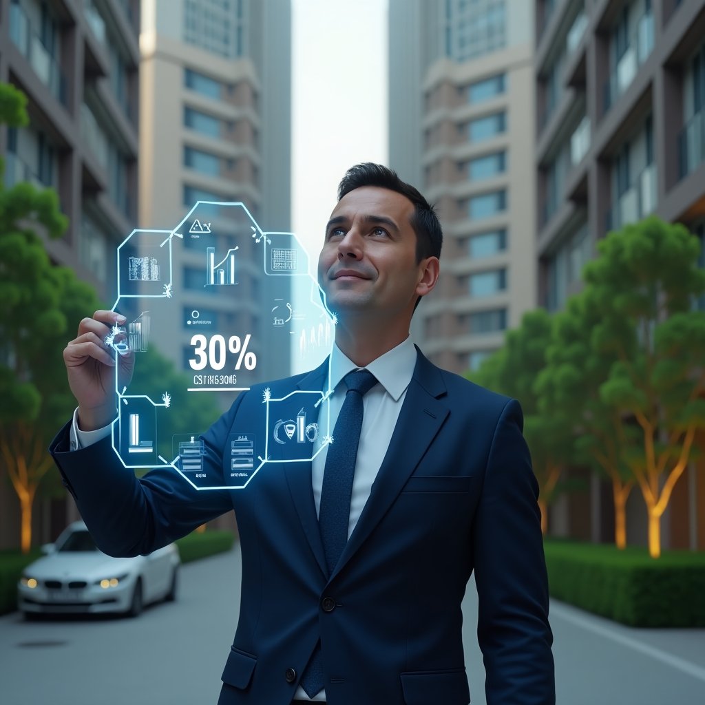 Ultra-realistic condominium manager in a tailored navy blue suit, set in a modern luxury condominium environment with high-rise buildings and lush green landscaping, medium shot of the manager confidently interacting with a holographic dashboard displaying a 30% cost-reduction graph and energy-efficiency icons, expression determined and optimistic, cinematic lighting, shallow depth of field, highly detailed textures, realistic skin, photographic realism, 8k resolution --ar 1:1 --v 6