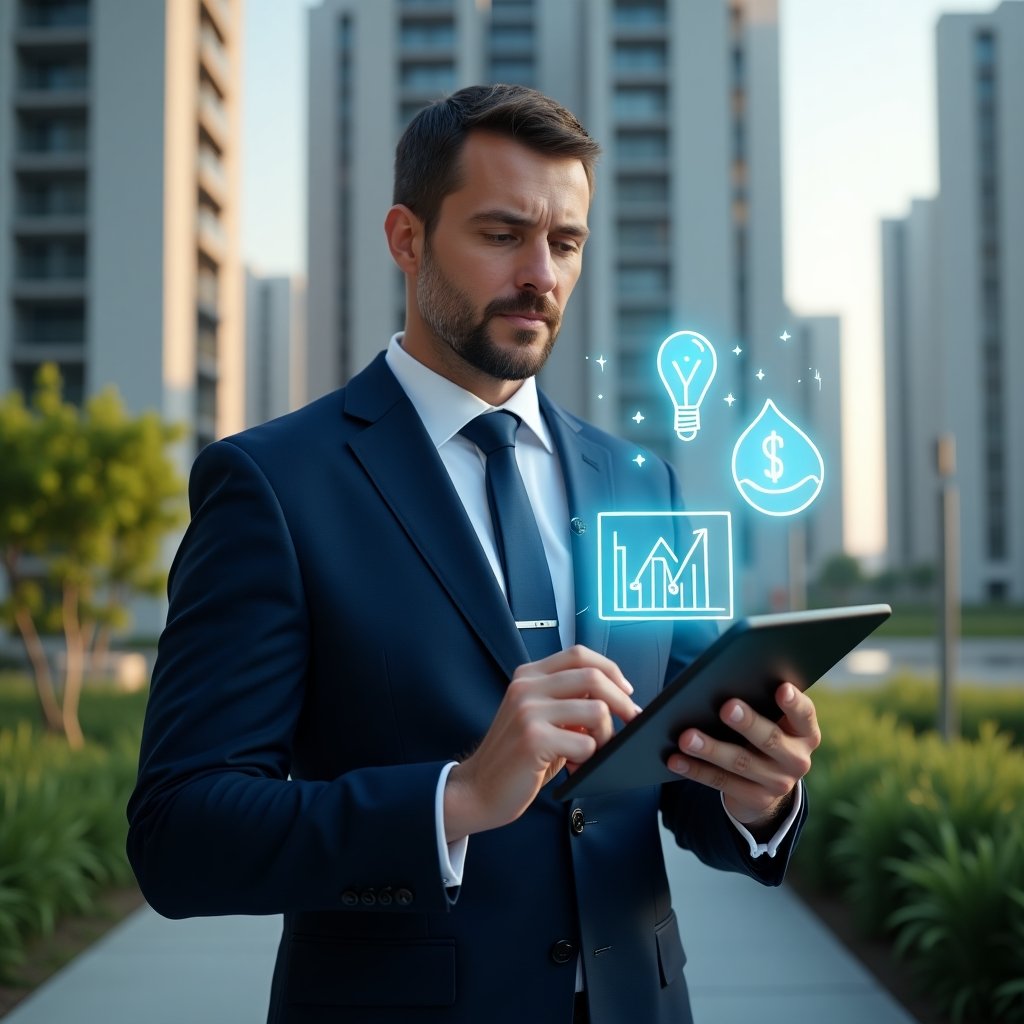 Ultra-realistic condominium manager in a navy blue suit, set in a modern luxury condominium environment with high-rise buildings and green landscaping, holding a digital tablet and reviewing floating holographic expense charts and cost-saving icons (energy bulb, water droplet, dollar sign), confident and focused, cinematic lighting, shallow depth of field, highly detailed textures, realistic skin, photographic realism, 8k resolution --ar 1:1 --v 6