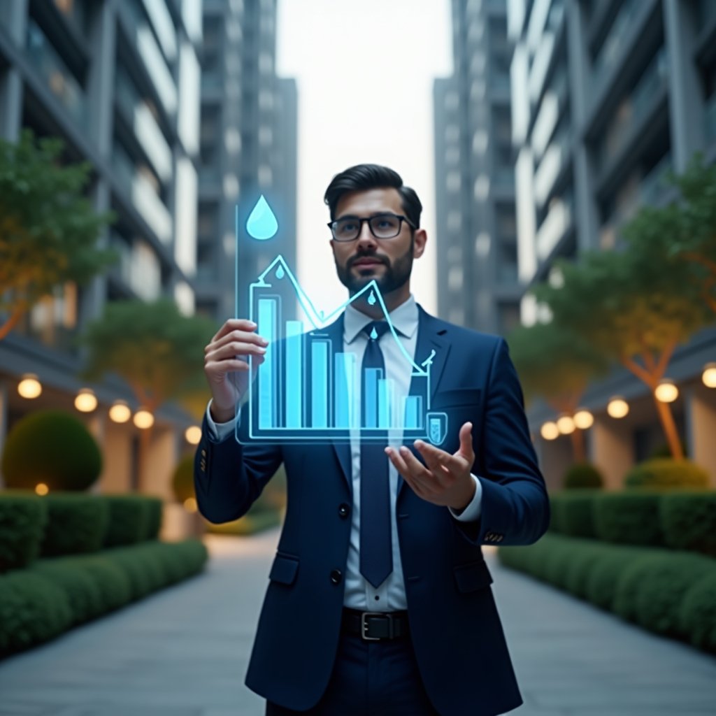 (Ultra-realistic condominium manager in a navy blue suit, set in a modern luxury condominium environment with high-rise glass buildings and lush green landscaping, mid-shot of a confident manager examining a floating holographic bar chart depicting decreasing utility costs with water droplet and lightning bolt icons, cinematic lighting, shallow depth of field, highly detailed textures, realistic skin, photographic realism, 8k resolution --ar 1:1 --v 6)