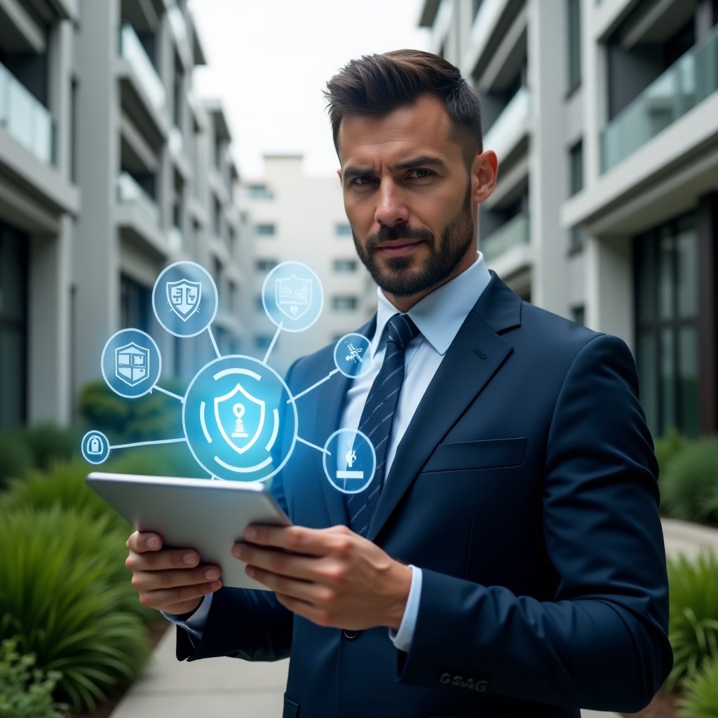 Ultra-realistic property manager in a navy blue suit, set in a modern luxury condominium environment with high-rise buildings and lush green landscaping, holding a tablet displaying a condominium management app, surrounded by holographic icons of maintenance tools, security shield and chat bubbles, confident and focused expression, cinematic lighting, shallow depth of field, highly detailed textures, realistic skin, photographic realism, 8k resolution --ar 1:1 --v 6