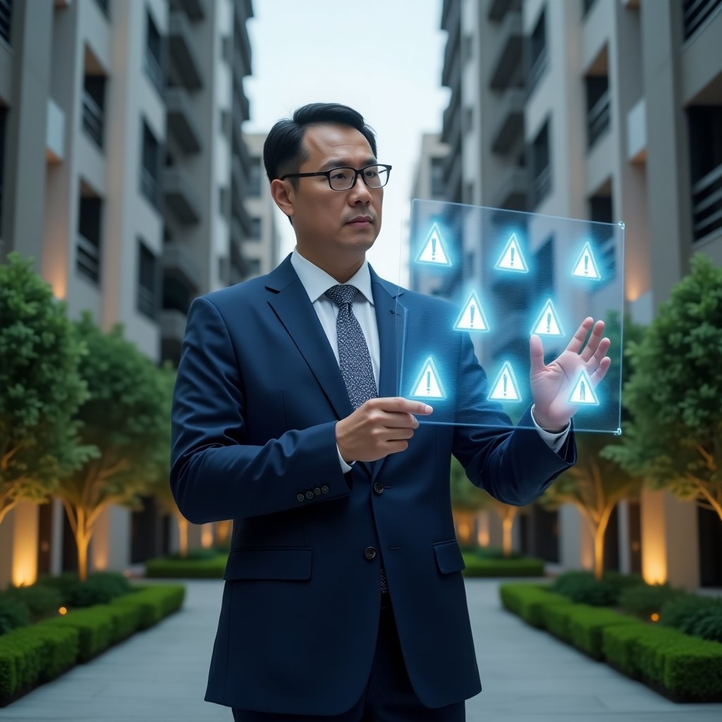 (Ultra-realistic condominium manager in a tailored dark blue suit, set in a modern luxury condominium environment with high-rise buildings and manicured green landscaping, medium close-up composition, confidently interacting with a holographic interface displaying seven warning icons symbolizing common management pitfalls, cinematic lighting, shallow depth of field, highly detailed textures, realistic skin, photographic realism, 8k resolution --ar 1:1 --v 6)