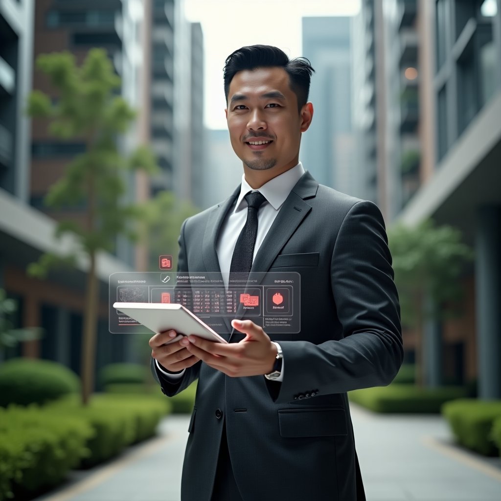 (Ultra-realistic condominium manager in a charcoal gray executive suit, set in a modern luxury condominium environment with high-rise buildings and lush green landscaping, medium shot close-up, standing confidently while holding a transparent tablet displaying a holographic dashboard with red warning icons symbolizing the seven management sins, subtle floating holographic icons for budget, maintenance, communication and security, cinematic lighting, shallow depth of field, highly detailed textures, realistic skin, photographic realism, 8k resolution --ar 1:1 --v 6)