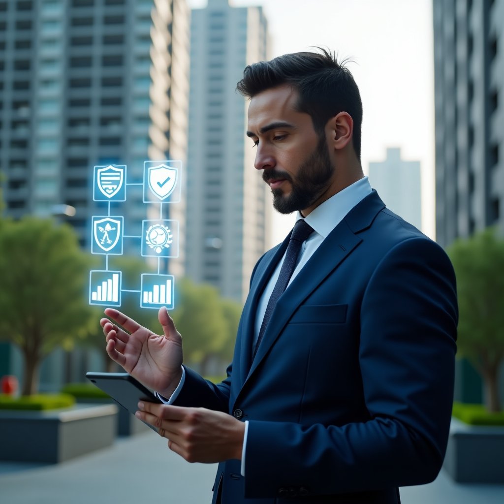 (Ultra-realistic condominium manager in a navy blue suit, set in a modern luxury condominium environment with high-rise buildings and lush green landscaping, holding a tablet while interacting with floating holographic icons representing a security shield, checklist, and bar graphs related to property management, confident and focused expression, cinematic lighting, shallow depth of field, highly detailed textures, realistic skin, photographic realism, 8k resolution --ar 1:1 --v 6)