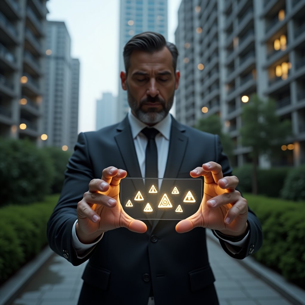 Ultra-realistic condominium manager in a charcoal tailored suit, set in a modern luxury condominium environment with high-rise buildings and manicured greenery, examining a holographic financial dashboard with seven glowing warning icons symbolizing capital sins in expense management, confident and focused expression, cinematic lighting, shallow depth of field, highly detailed textures, realistic skin, photographic realism, 8k resolution --ar 1:1 --v 6