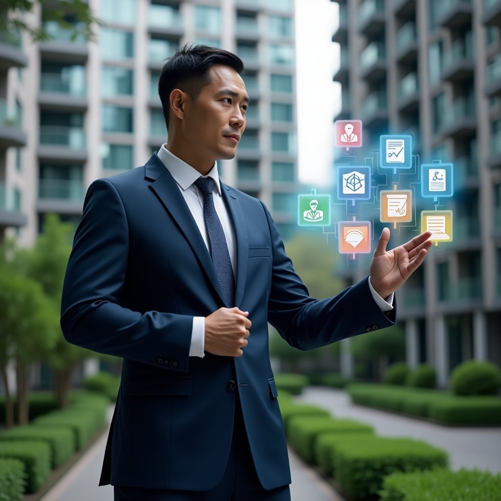 (Ultra-realistic condominium manager in a navy tailored suit, set in a modern luxury condominium environment with high-rise buildings and green landscaping, standing mid-shot while interacting with a floating holographic dashboard displaying seven colorful icons representing communication, finance, maintenance, security, assembly, documents, and community engagement, confident and analytical expression as they tap on the interface, cinematic lighting, shallow depth of field, highly detailed textures, realistic skin, photographic realism, 8k resolution --ar 1:1 --v 6)