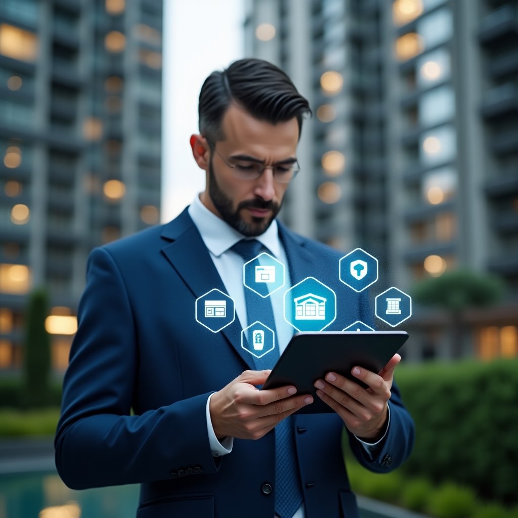 (Ultra-realistic professional condominium manager in a navy blue suit, set in a modern luxury condominium environment with high-rise buildings and green landscaping, holding a tablet displaying floating holographic condo management app icons and notifications, confidently analyzing digital overlays around the device, cinematic lighting, shallow depth of field, highly detailed textures, realistic skin, photographic realism, 8k resolution --ar 1:1 --v 6)