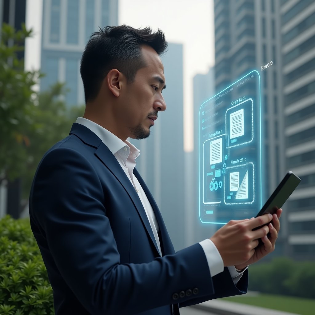 (Ultra-realistic condominium manager in a tailored navy suit, set in a modern luxury condominium environment with high-rise buildings and well-maintained greenery, medium shot, analyzing a holographic pros-and-cons chart floating above a digital tablet, holographic icons of documents and gears symbolizing process management and transparency, confident and thoughtful expression, cinematic lighting, shallow depth of field, highly detailed textures, realistic skin, photographic realism, 8k resolution --ar 1:1 --v 6)