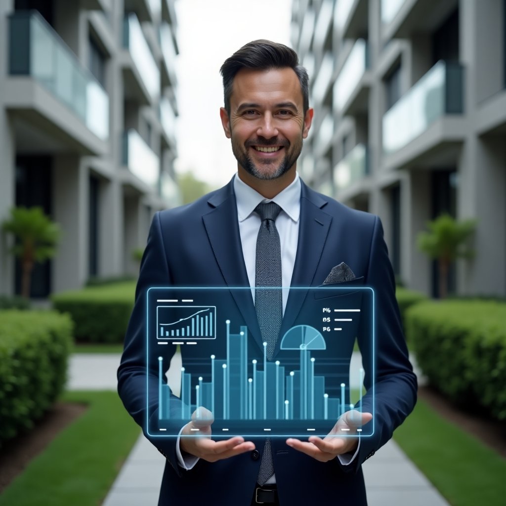 (Ultra-realistic condominium manager in a tailored navy suit, set in a modern luxury condominium environment with high-rise buildings and well-groomed green landscaping, presenting a holographic financial dashboard with clear charts and reports symbolizing transparent accounting and trust, confident and approachable expression, cinematic lighting, shallow depth of field, highly detailed textures, realistic skin, photographic realism, 8k resolution --ar 1:1 --v 6)