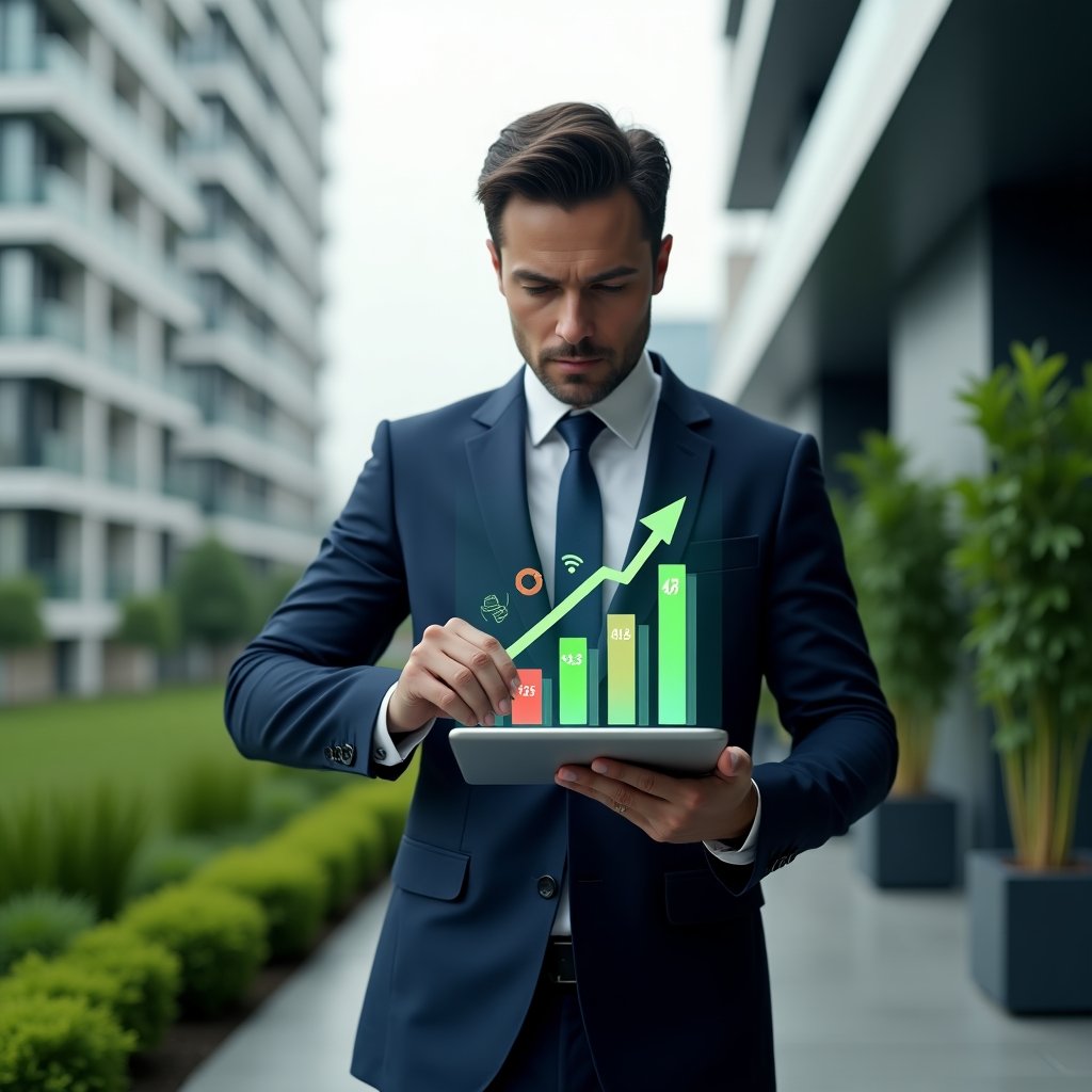 Ultra-realistic condominium manager in a tailored navy suit, set in a modern luxury condominium environment with high-rise buildings and lush green landscaping, standing mid-frame holding a tablet and pointing to a holographic bar chart with red sinking bars and green ascending arrows, overlays of currency symbols and a lifebuoy icon, serious and thoughtful expression, cinematic lighting, shallow depth of field, highly detailed textures, realistic skin, photographic realism, 8k resolution --ar 1:1 --v 6