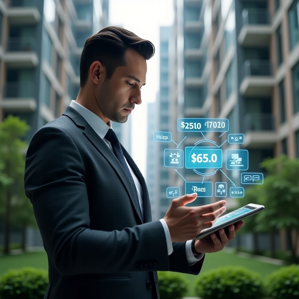 (Ultra-realistic condominium manager in a charcoal gray tailored business suit, set in a modern luxury condominium environment with high-rise buildings and well-manicured green landscaping, examining a digital tablet projecting holographic financial charts and messaging icons, confident and focused expression, floating holographic elements of budgets, security camera feeds and chat bubbles, cinematic lighting, shallow depth of field, highly detailed textures, realistic skin, photographic realism, 8k resolution --ar 1:1 --v 6)