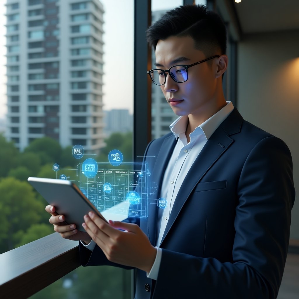 (Ultra-realistic condominium manager in a navy blue suit, set in a modern luxury condominium environment with high-rise buildings and green landscaping, analyzing a holographic annual activity schedule projected from a sleek tablet, surrounded by floating icons for maintenance tasks, assembleias and community events, confident expression, cinematic lighting, shallow depth of field, highly detailed textures, realistic skin, photographic realism, 8k resolution --ar 1:1 --v 6)