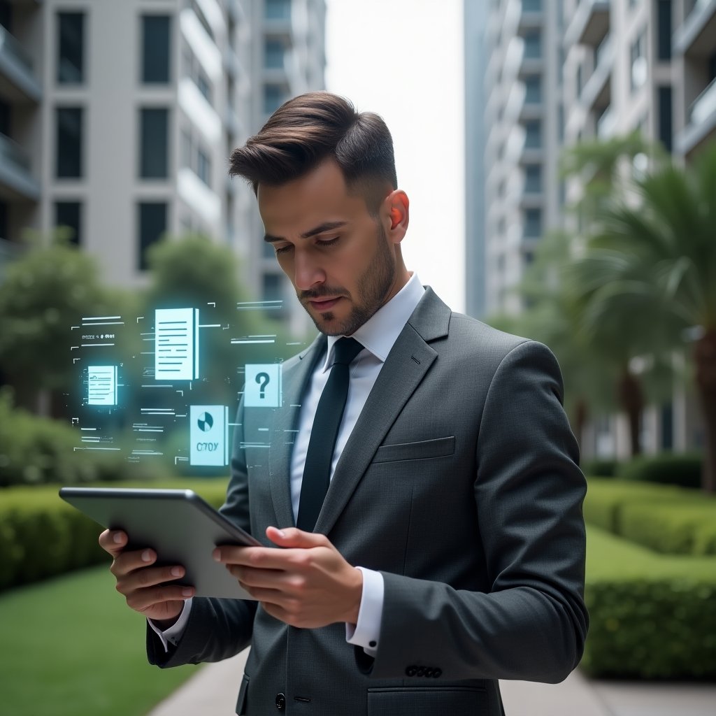 (Ultra-realistic condominium manager in a tailored charcoal gray suit, set in a modern luxury condominium environment with high-rise buildings and manicured green landscaping, reviewing financial statements on a tablet with floating holographic balance sheet icons and pie charts representing transparency, confident and focused expression, cinematic lighting, shallow depth of field, highly detailed textures, realistic skin, photographic realism, 8k resolution --ar 1:1 --v 6)