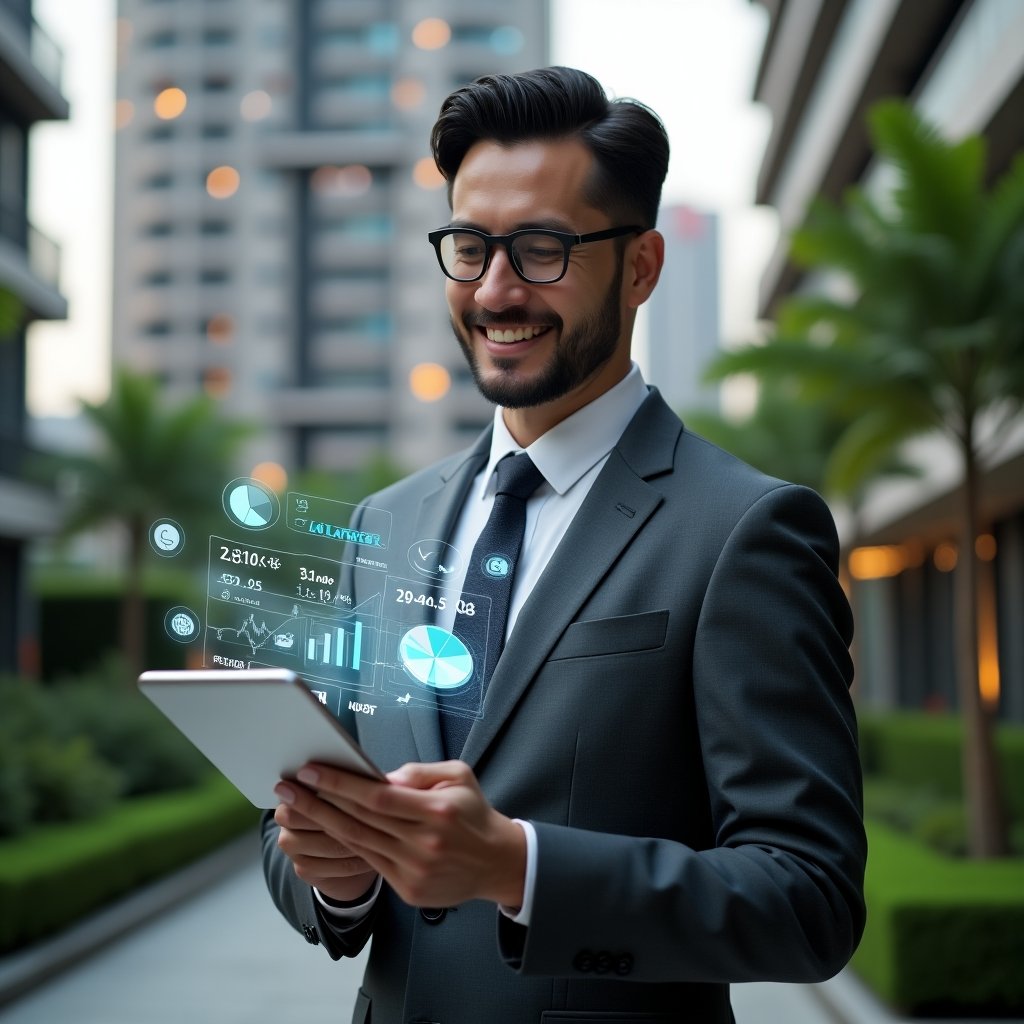 (Ultra-realistic condominium manager in a charcoal gray tailored suit, set in a modern luxury condominium environment with high-rise buildings and manicured green landscaping, holding a sleek tablet displaying holographic financial charts and budget forecasts, confidently analyzing projected expenses with a subtle smile, floating icons of coins and pie charts around the device, cinematic lighting, shallow depth of field, highly detailed textures, realistic skin, photographic realism, 8k resolution --ar 1:1 --v 6)
