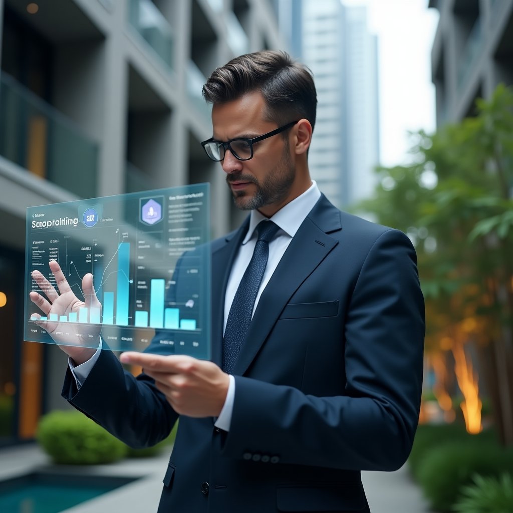 Ultra-realistic condominium manager in a dark navy executive suit, set in a modern luxury condominium environment with high-rise buildings and lush green landscaping, dynamically reviewing a holographic financial dashboard, surrounded by floating transparent charts and icons representing budgets and transparency, confident and focused expression, cinematic lighting, shallow depth of field, highly detailed textures, realistic skin, photographic realism, 8k resolution --ar 1:1 --v 6