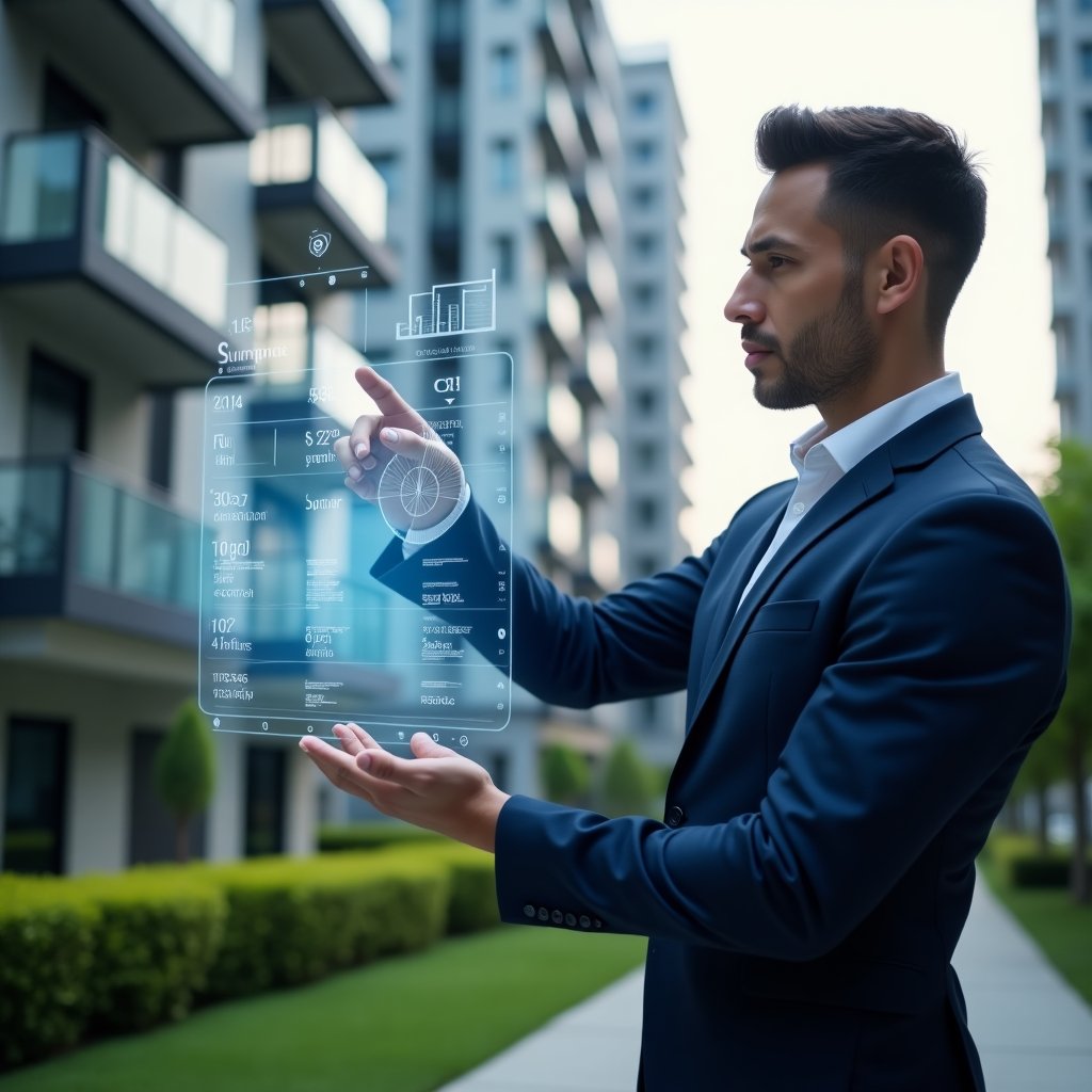 (Ultra-realistic condominium manager in a navy blue executive suit, set in a modern luxury condominium environment with high-rise buildings and manicured green landscaping, mid-shot close-up of the manager confidently analyzing and pointing at a floating holographic budget chart, with digital icons of pie charts and currency symbols representing expense control, cinematic lighting, shallow depth of field, highly detailed textures, realistic skin, photographic realism, 8k resolution --ar 1:1 --v 6)