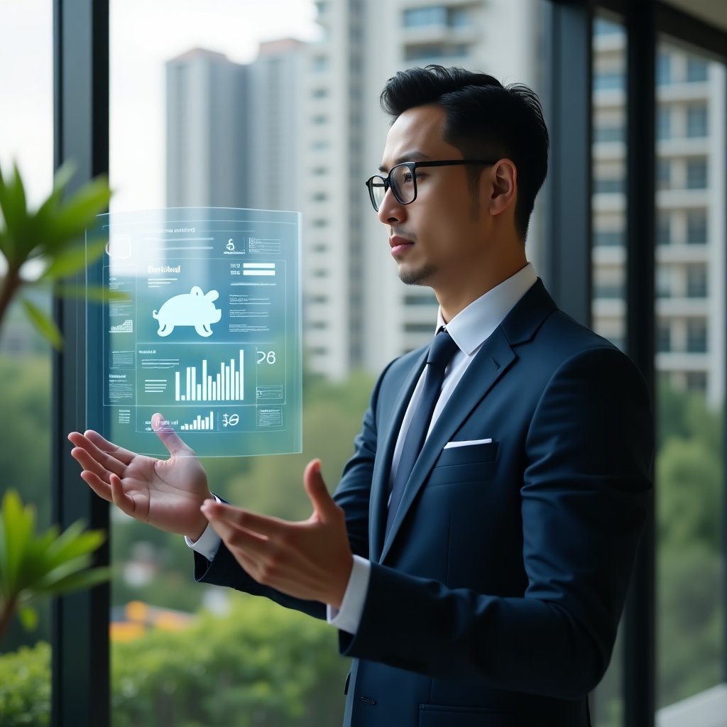 (Ultra-realistic condominium manager in a tailored navy suit, set in a modern luxury condominium environment with high-rise buildings and lush green landscaping, confidently analyzing a floating holographic cost-saving dashboard displaying charts and a piggy bank icon, cinematic lighting, shallow depth of field, highly detailed textures, realistic skin, photographic realism, 8k resolution --ar 1:1 --v 6)
