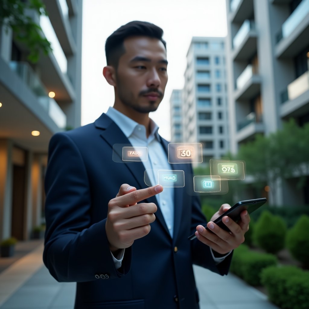 (Ultra-realistic condominium manager in a navy suit, set in a modern luxury condominium environment with high-rise buildings and lush green landscaping, holding a smartphone displaying floating holographic icons of chat bubbles, polls, calendars and notifications, confidently pointing at the interactive UI, cinematic lighting, shallow depth of field, highly detailed textures, realistic skin, photographic realism, 8k resolution --ar 1:1 --v 6)