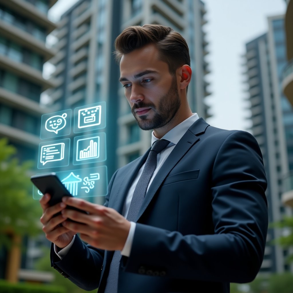 (Ultra-realistic condominium manager in a dark navy executive suit, set in a modern luxury condominium environment with high-rise buildings and lush green landscaping, interacting with a floating holographic interface displaying icons for chat, calendar bookings and financial graphs, holding a sleek smartphone with app UI glowing, confident and focused expression, cinematic lighting, shallow depth of field, highly detailed textures, realistic skin, photographic realism, 8k resolution --ar 1:1 --v 6)