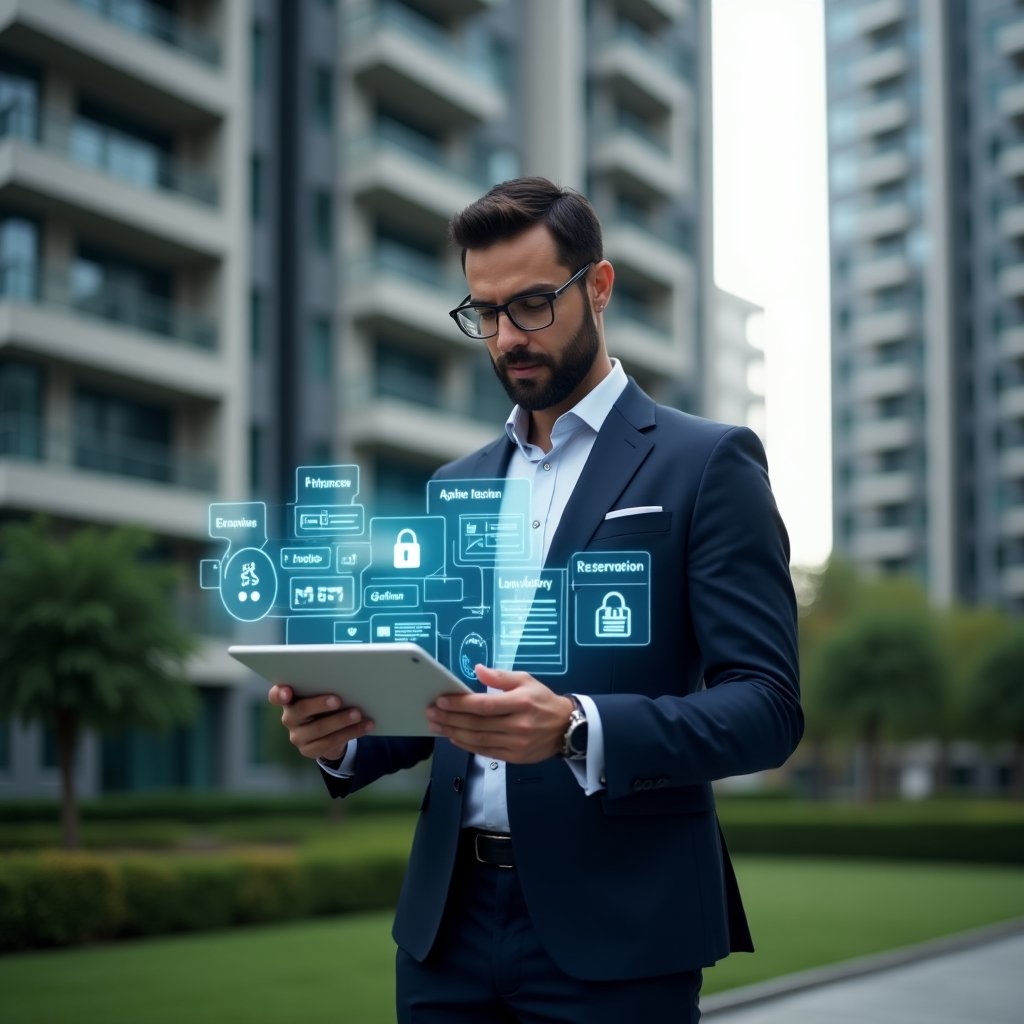 Ultra-realistic condominium manager in a navy tailored suit, set in a modern luxury condominium environment with high-rise buildings and lush green landscaping, holding a tablet displaying holographic icons of finance charts, security locks, chat bubbles and reservation calendars, confidently analyzing the digital interface, cinematic lighting, shallow depth of field, highly detailed textures, realistic skin, photographic realism, 8k resolution --ar 1:1 --v 6