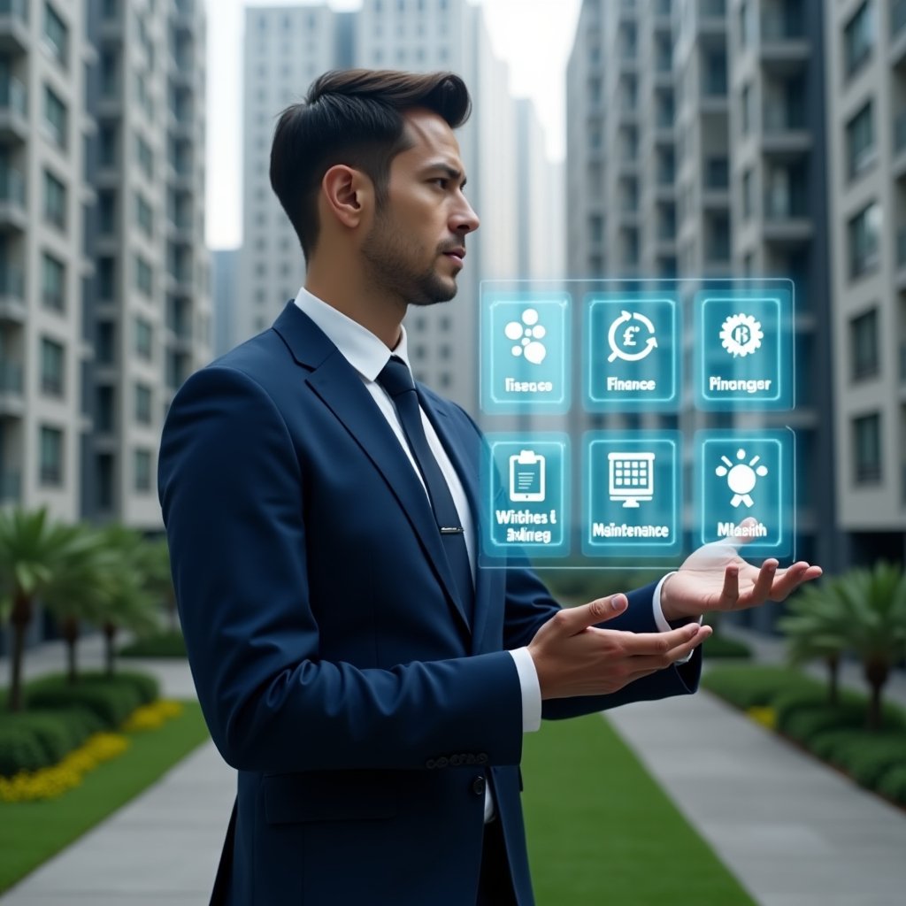 Ultra-realistic condominium manager in a navy blue suit, set in a modern luxury condominium environment with high-rise buildings and green landscaping, interacting with a holographic interface displaying icons for finance, communication, calendar, and maintenance functions, confident expression, cinematic lighting, shallow depth of field, highly detailed textures, realistic skin, photographic realism, 8k resolution --ar 1:1 --v 6