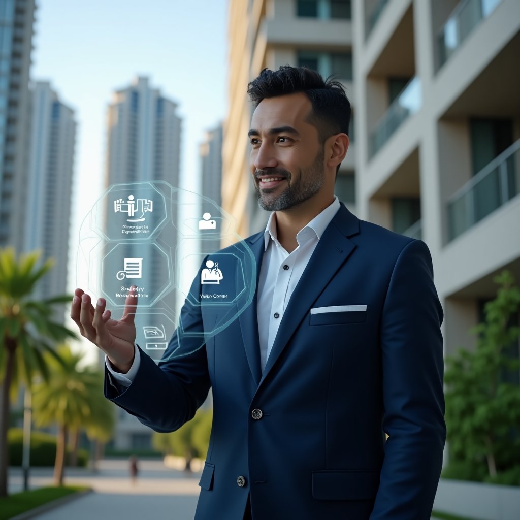 Ultra-realistic condominium manager in a navy blue suit, set in a modern luxury condominium environment with high-rise buildings and lush green landscaping, interacting with a holographic interface displaying icons for financial reports, visitor control, area reservations and chat, confident and focused expression, floating transparent app UI elements, cinematic lighting, shallow depth of field, highly detailed textures, realistic skin, photographic realism, 8k resolution --ar 1:1 --v 6